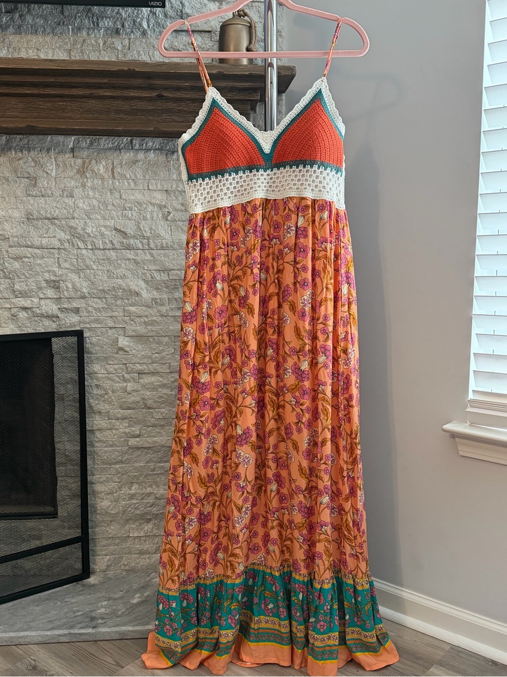 white birch Orange Floral Maxi Dress with Teal and Coral Crochet Top